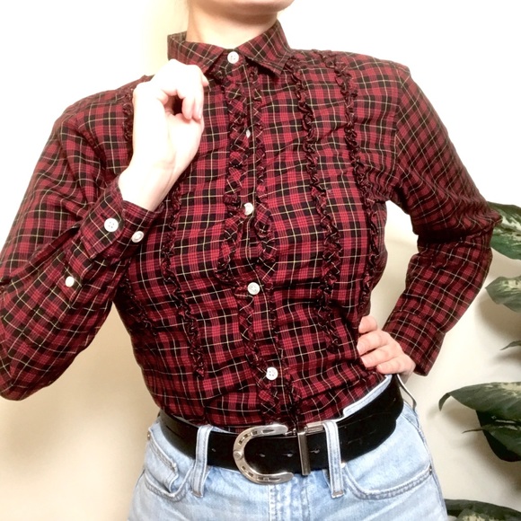 Vintage LAUREN RALPH LAUREN Plaid Ruffle Button Down Long Sleeve Top - Picture 1 of 7